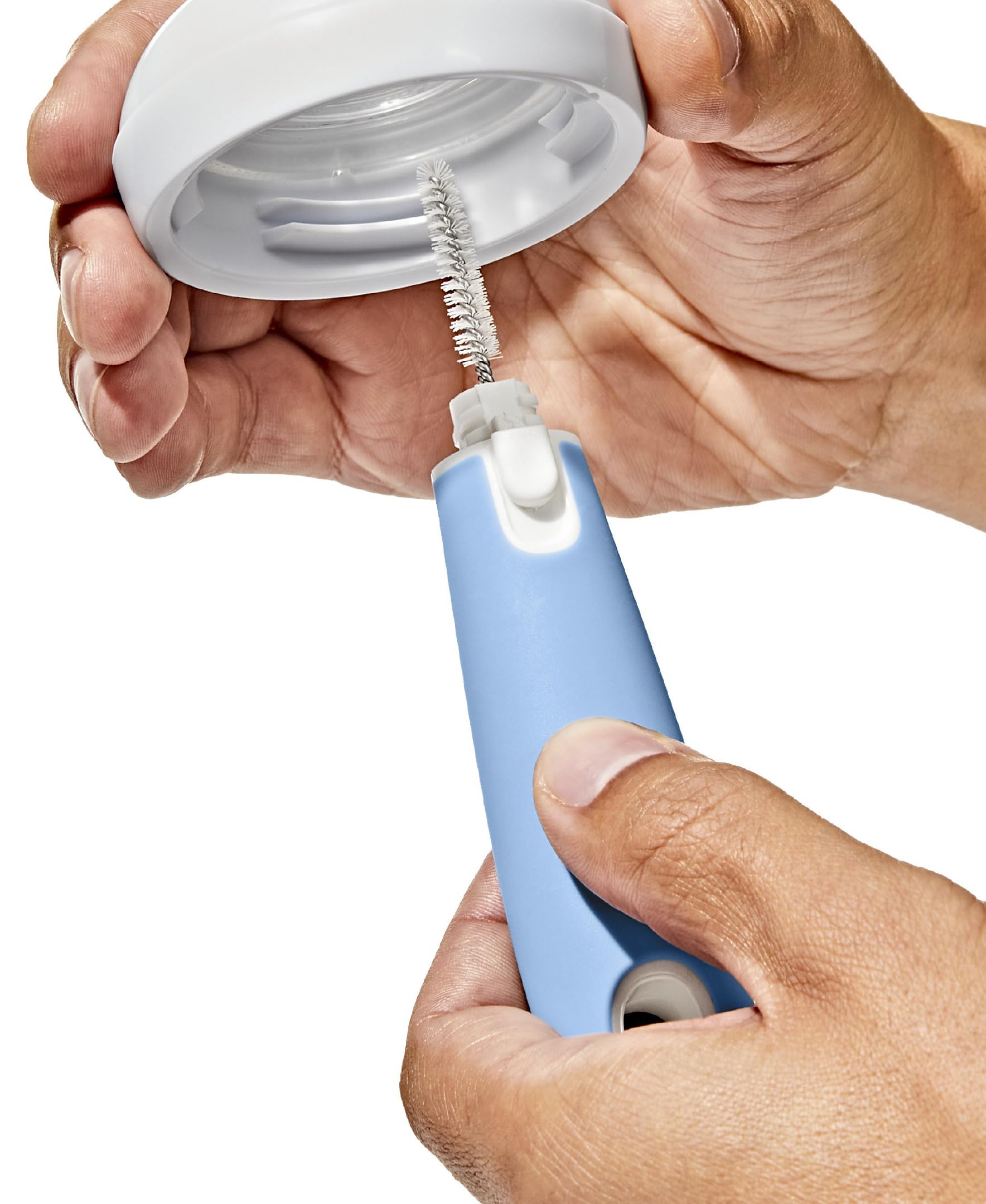 Demonstration of OXO Tot flexible brush neck cleaning a bottle
