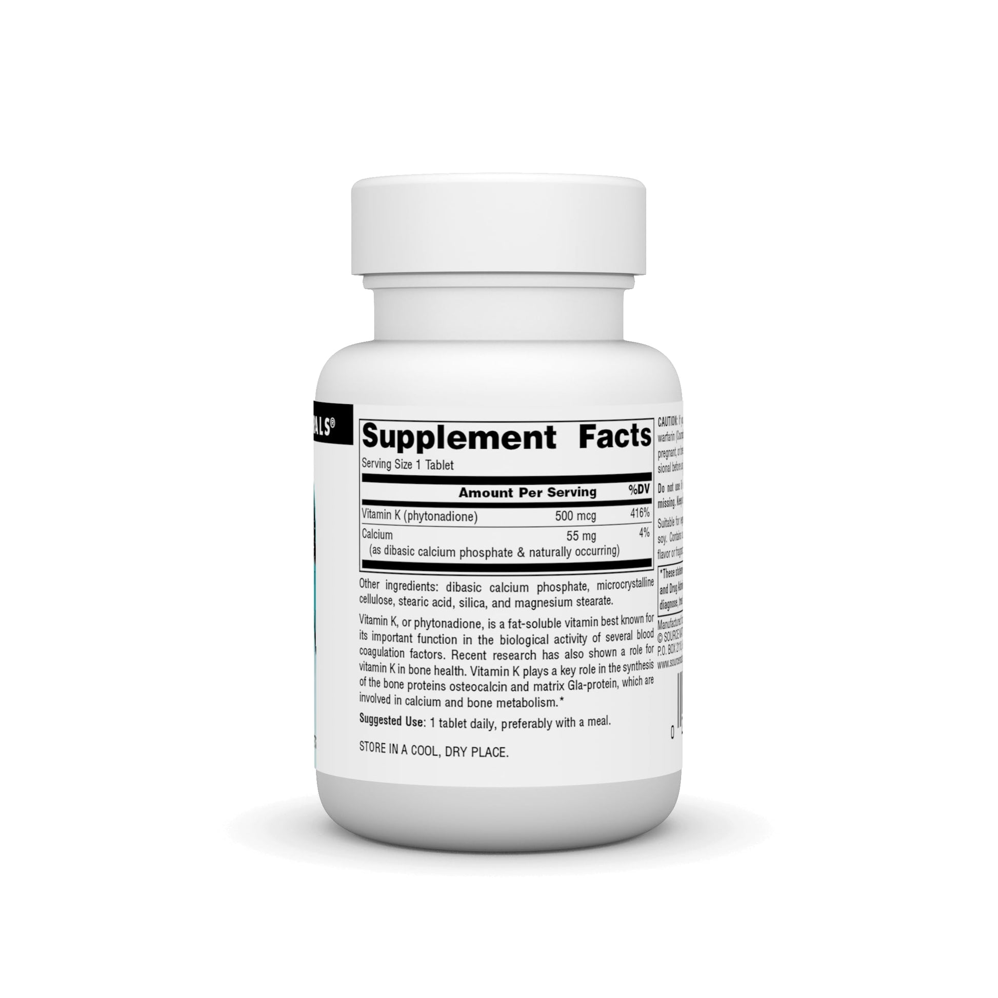 Source Naturals Vitamin K 500 micrograms supplement label facts showing vegetarian ingredients