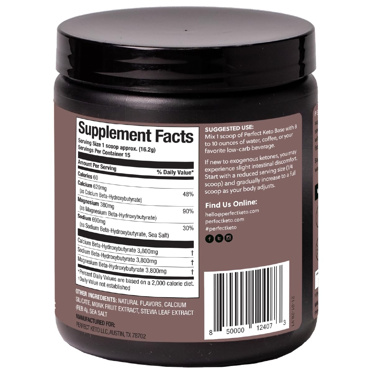 Perfect Keto Chocolate Base Ketones supplement nutritional facts panel
