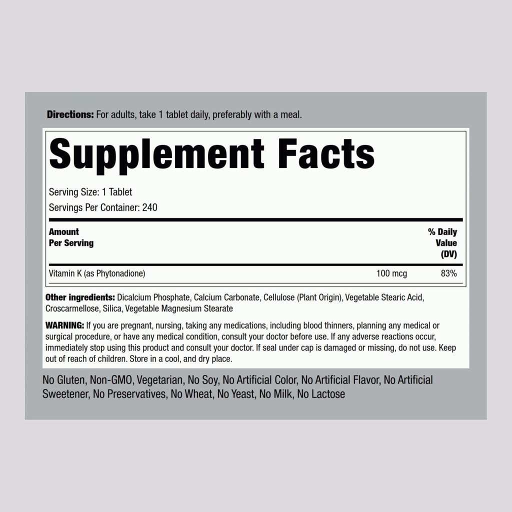 Piping Rock Vitamin K supplement bottle back label with nutritional facts and ingredients
