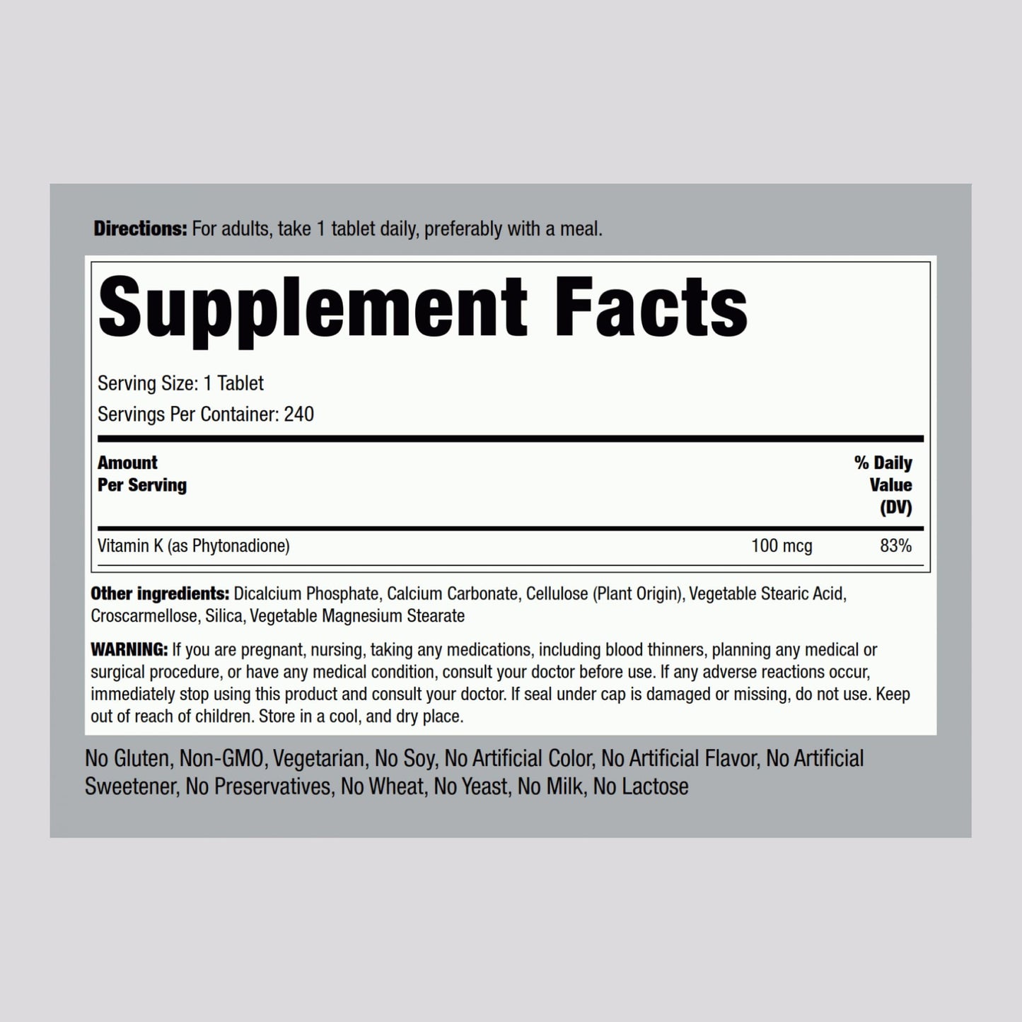 Piping Rock Vitamin K vegetarian dietary supplement tablets label showing ingredients and directions