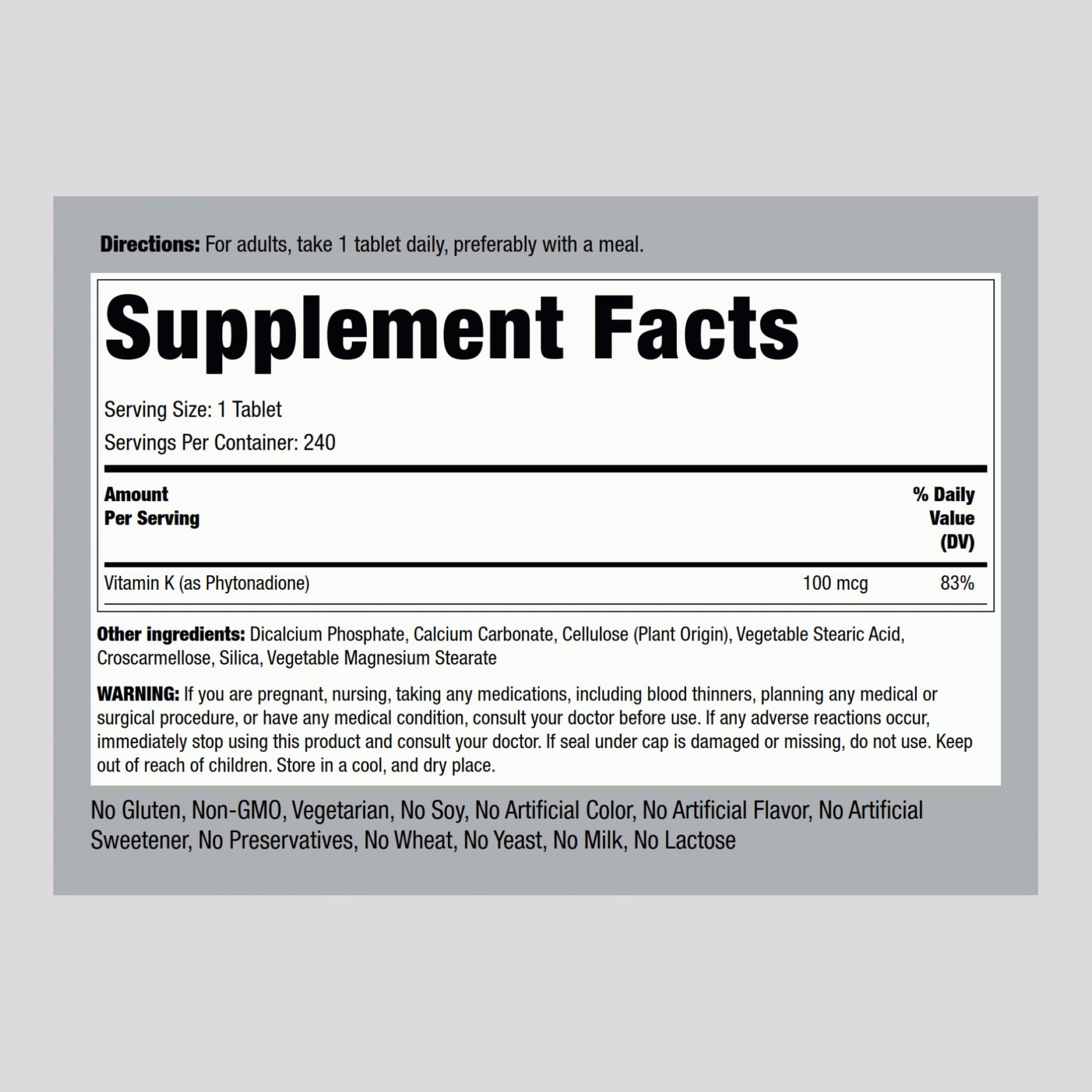 Piping Rock Vitamin K vegetarian dietary supplement tablets label showing ingredients and directions