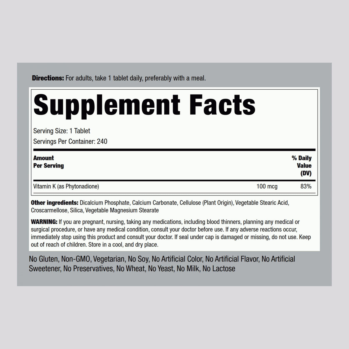 Piping Rock Vitamin K supplement bottle back label with nutritional facts and ingredients
