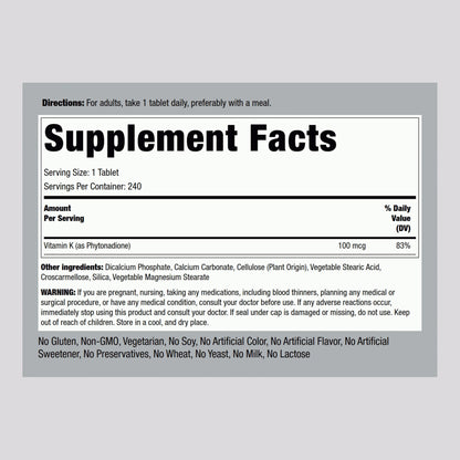 Piping Rock Vitamin K vegetarian dietary supplement tablets label showing ingredients and directions