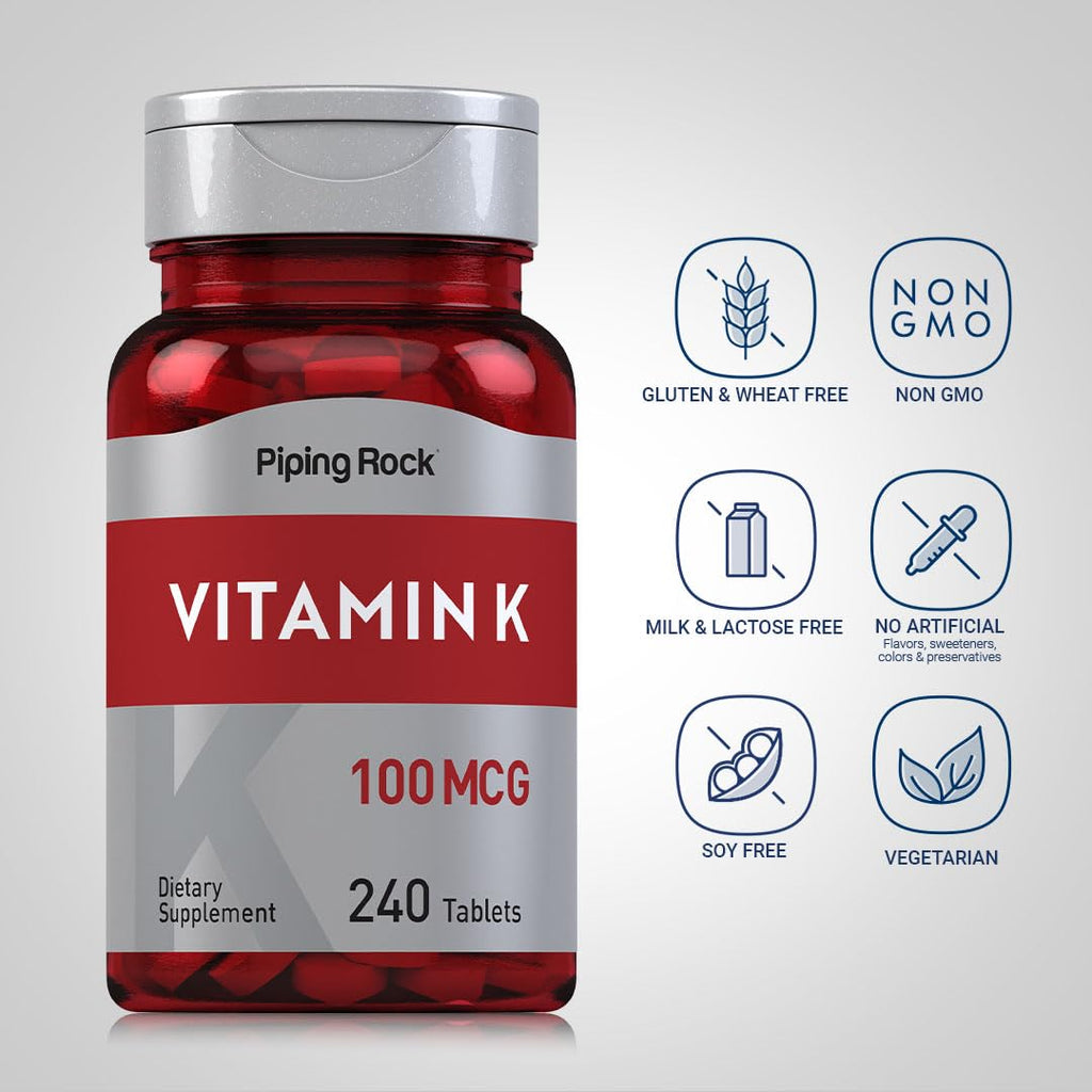 Piping Rock Vitamin K tablets nutritional supplement cap and safety seal detail