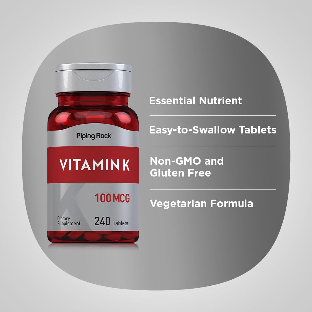 Piping Rock Vitamin K 100 mcg bottle side profile showing serving size details