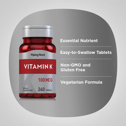 Side view of Piping Rock Vitamin K 100 micrograms packaging with barcode information
