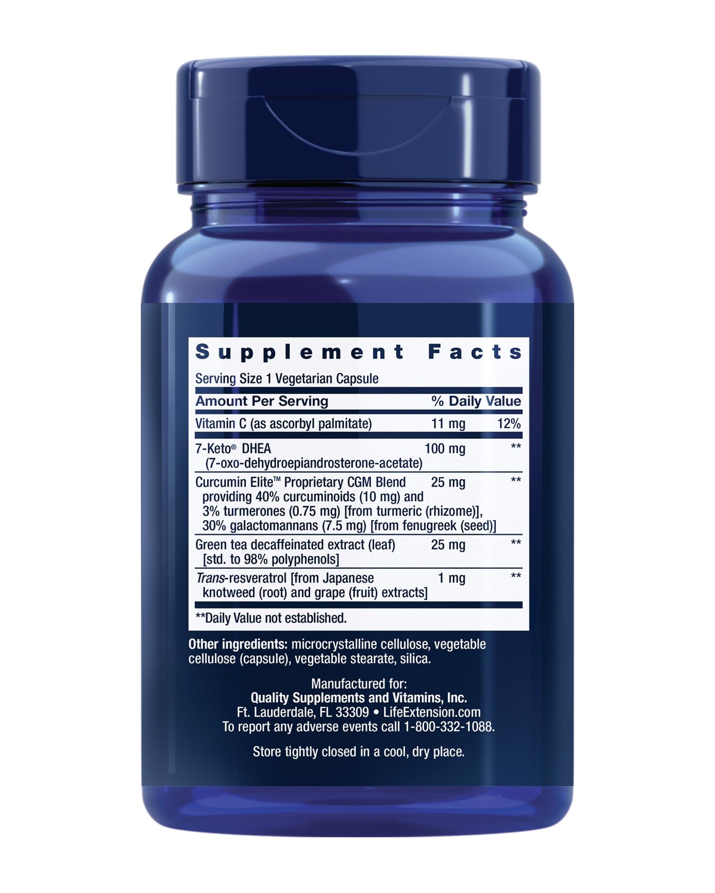 Life Extension 7 Keto DHEA 100 mg 60 vegetarian capsules supplement facts label