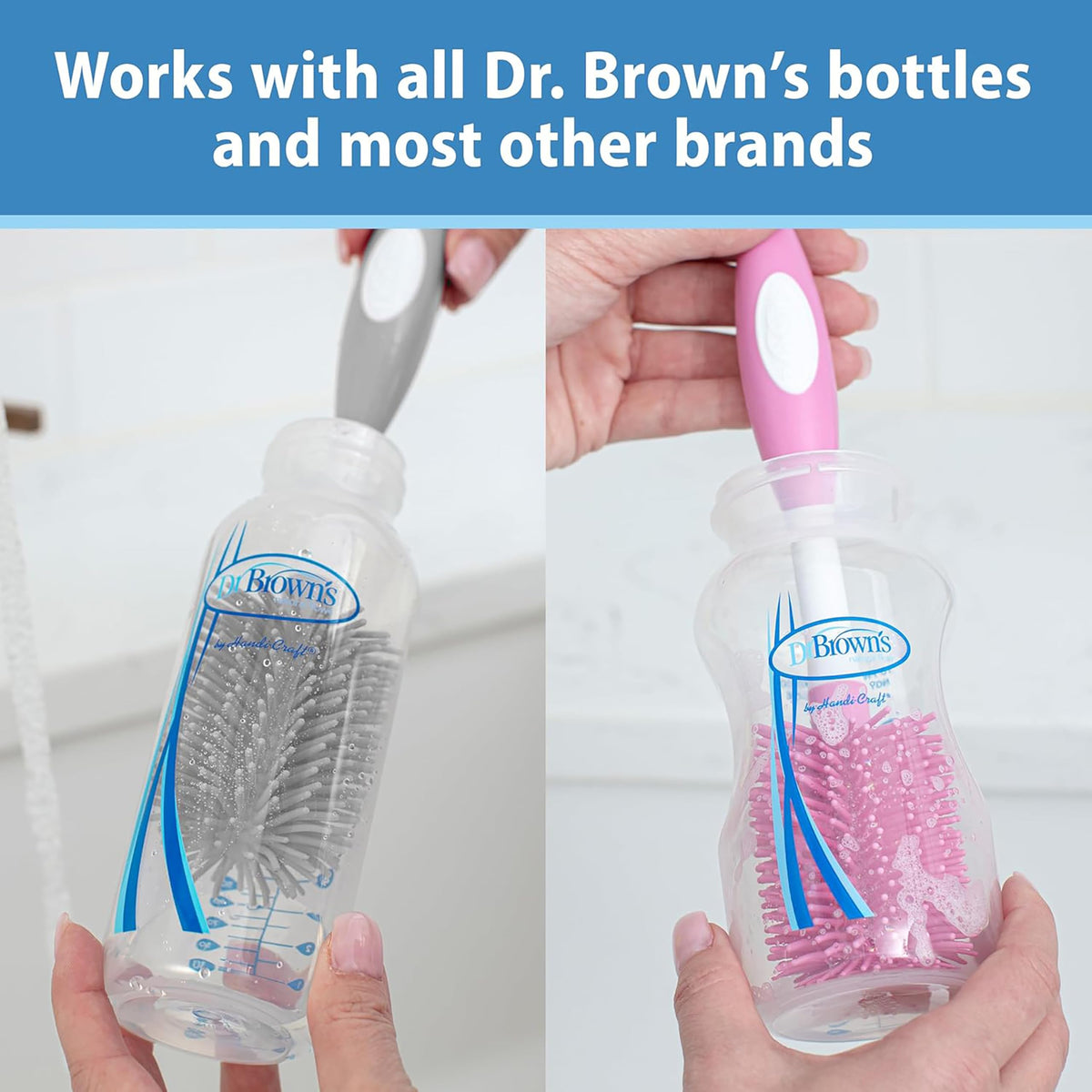 Dr. Brown's brush cleaning a wide-neck baby bottle