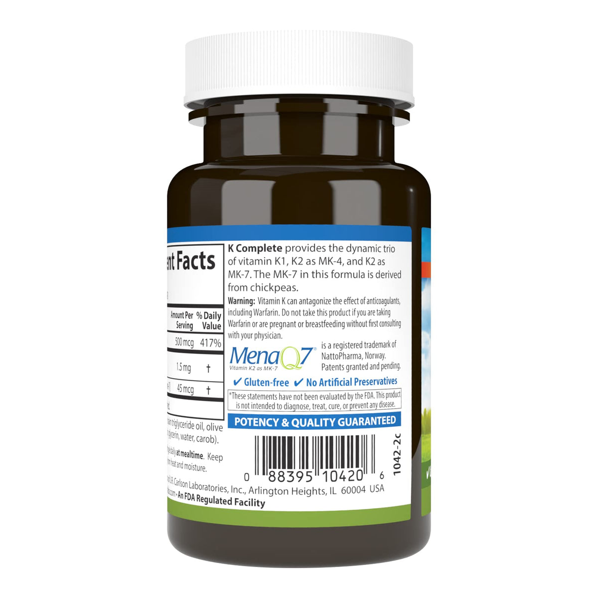 Carlson K Complete 90 softgels supplement facts label close up