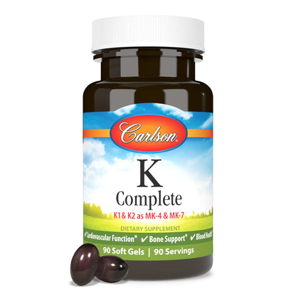 Carlson Lab K Complete Vitamin Complex 90 Softgels highlighting advanced triple form K1 and K2 formula.