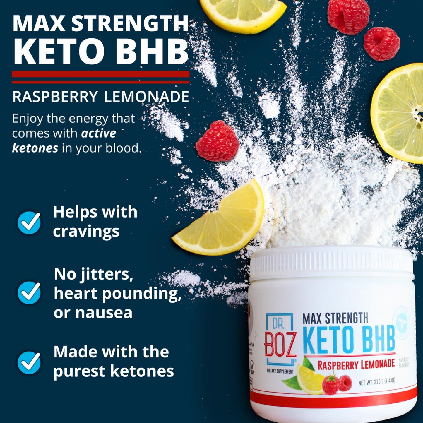 Dr. Boz raspberry lemonade ketone supplement tub showing nutrition facts.
