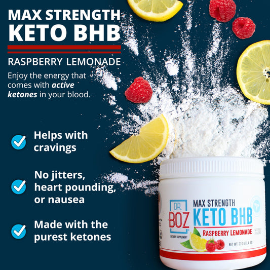 Dr. Boz raspberry lemonade ketone supplement tub showing nutrition facts.