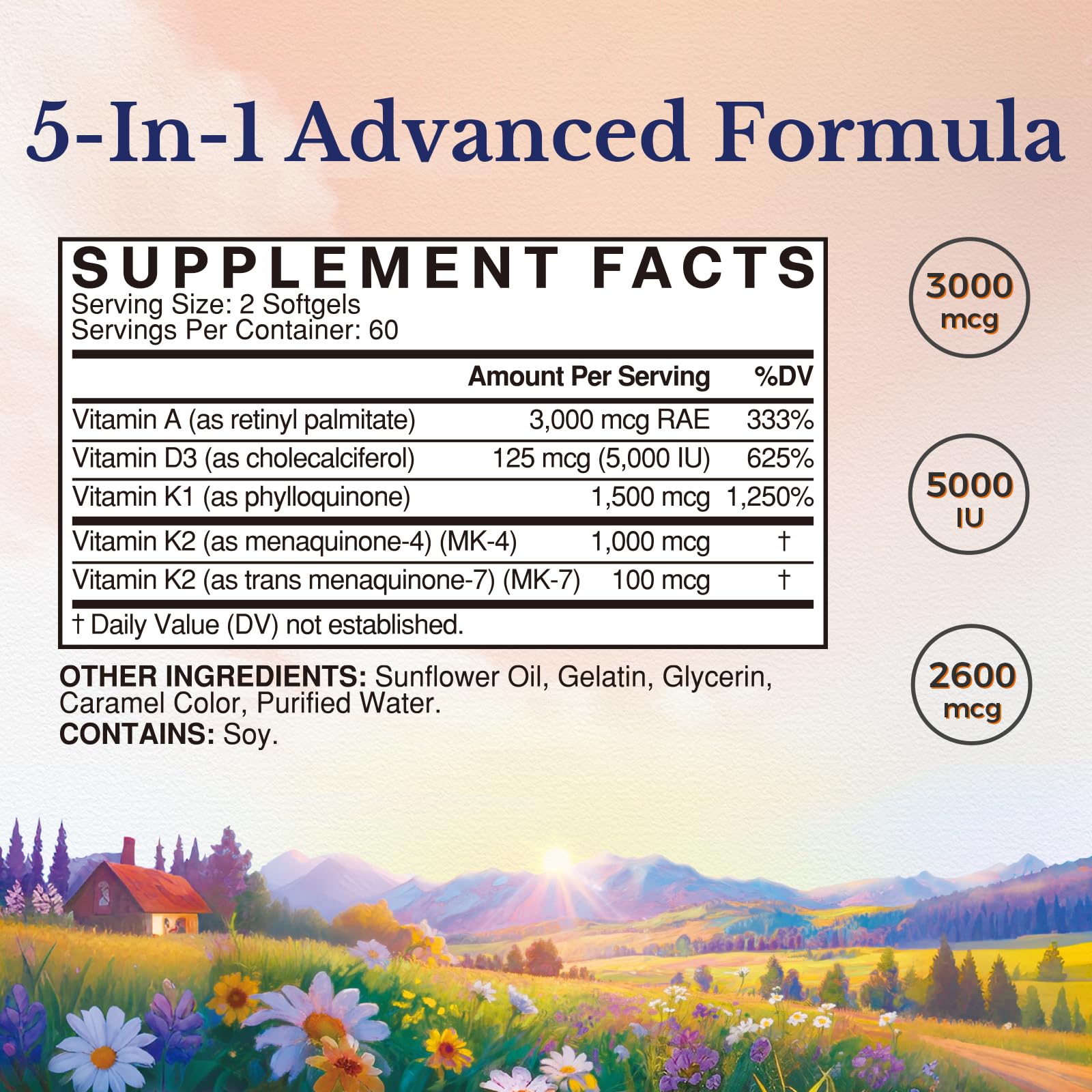 Vitalitown Vitamin ADK high potency formula showing 5 in 1 ingredients for bone health