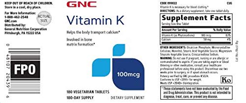 Authentic GNC Vitamin K vegetarian supplement label showing ingredients and dosage instructions