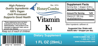 Side angle of HoneyCombs Phytonadione liquid supplement bottle highlighting the premium USA imported packaging.