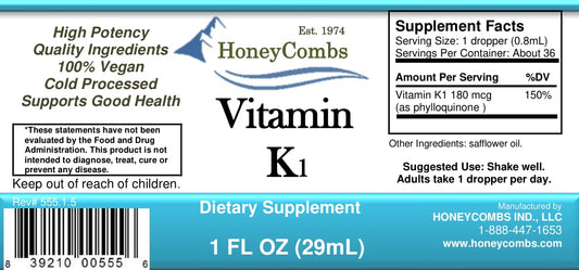 Side angle of HoneyCombs Phytonadione liquid supplement bottle highlighting the premium USA imported packaging.
