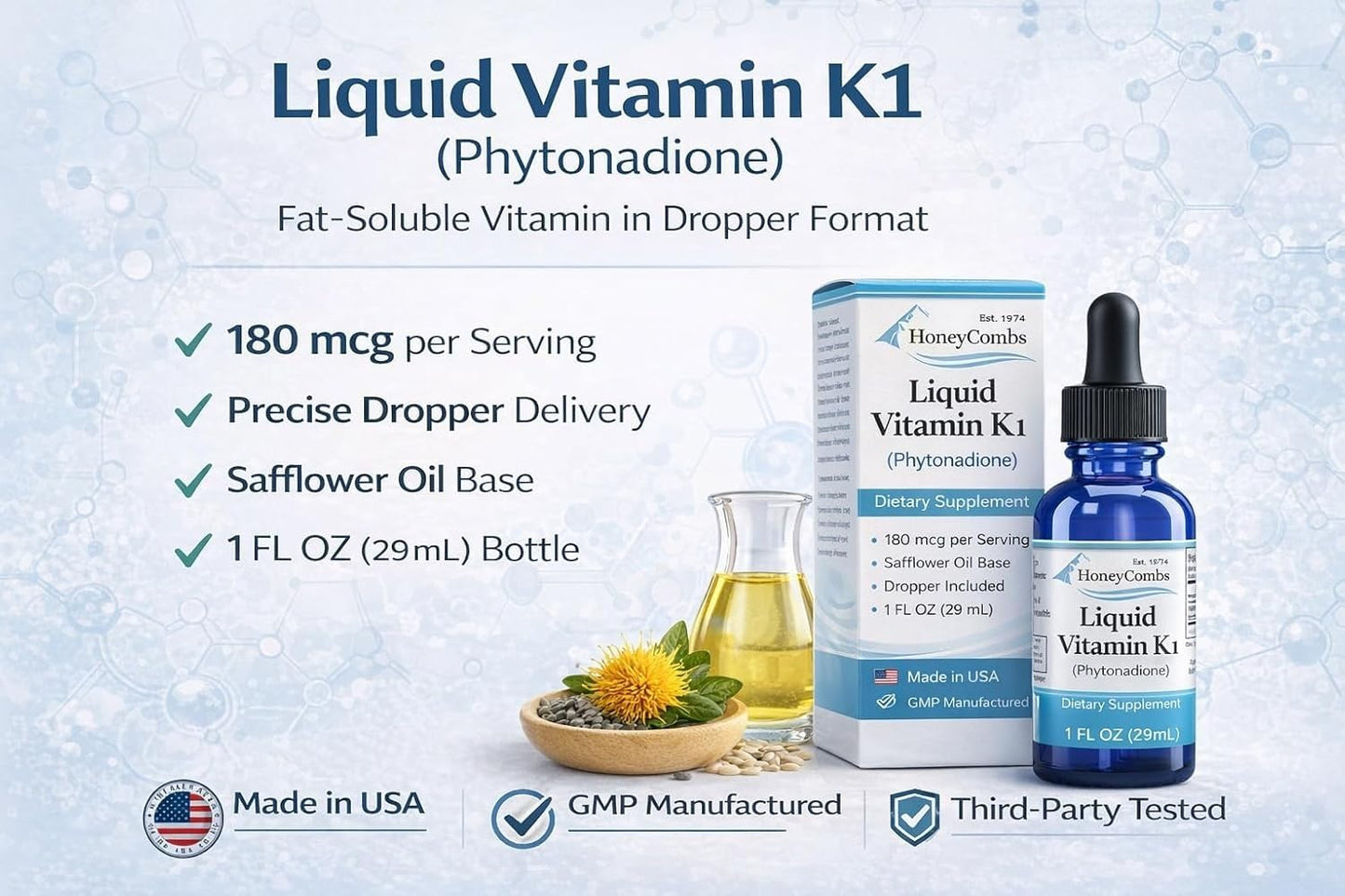 Authentic imported bottle of HoneyCombs vegan vitamin K1 showing the one fluid ounce fluid capacity marker.