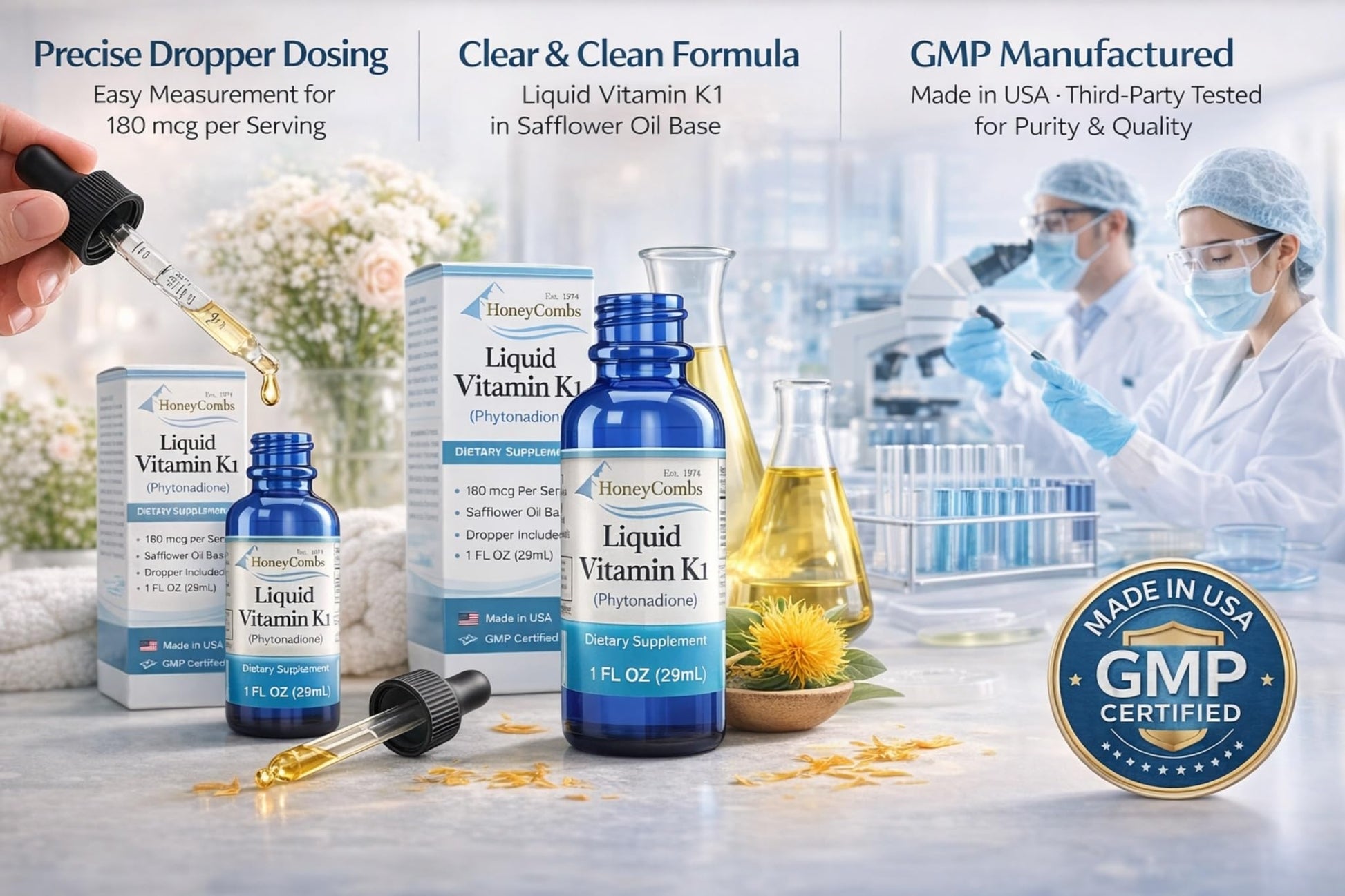 Full packaging display of HoneyCombs Vitamin K1 drops highlighting the clean alcohol free ingredient listing.