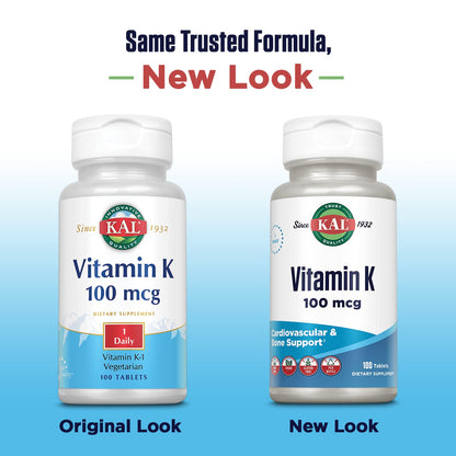 KAL Vitamin K1 dietary supplement showing product label facts and cardiovascular support benefits.