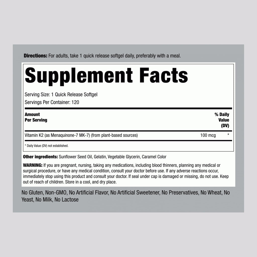 Piping Rock Ultra Vitamin K2 label details and serving strength