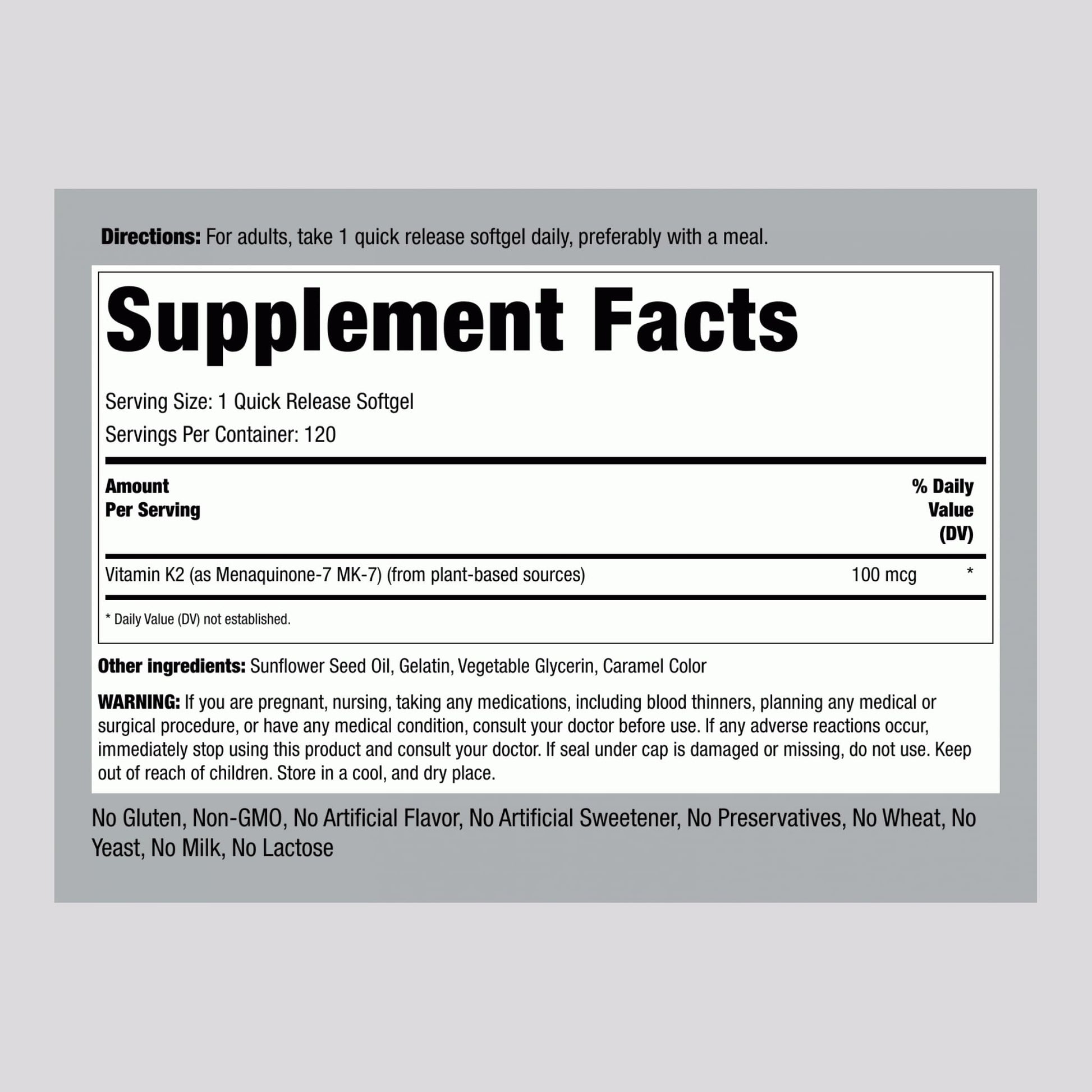 Piping Rock Ultra K2 Menaquinone supplement bottle showcasing dietary claims including gluten free and non GMO.