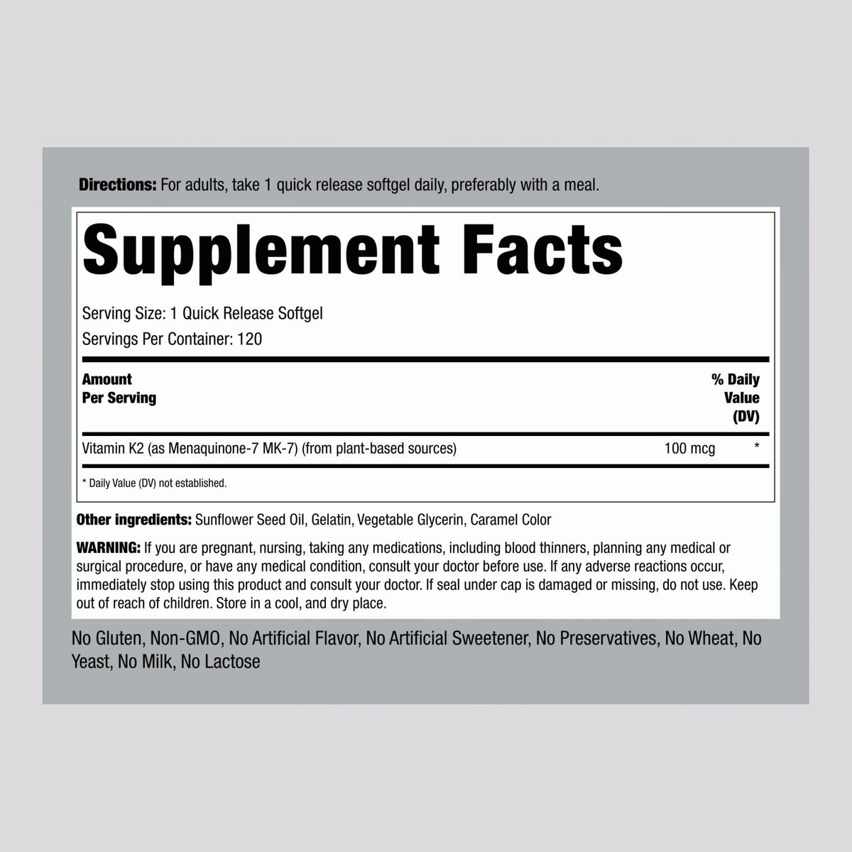 Piping Rock Ultra Vitamin K2 label details and serving strength