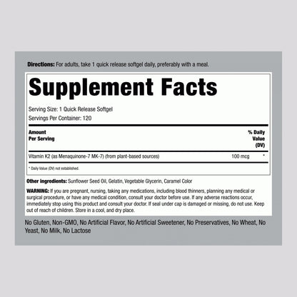 Piping Rock Ultra K2 Menaquinone supplement bottle showcasing dietary claims including gluten free and non GMO.