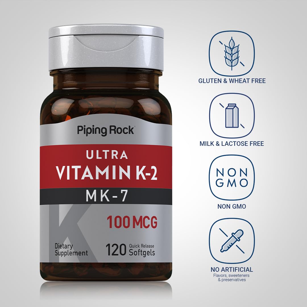 Side profile of Piping Rock Vitamin K2 MK7 bottle displaying the detailed supplement facts panel and dosage.