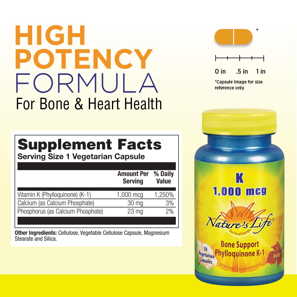 Nature's Life Phylloquinone K1 supplement bottle showing nutritional facts and dosage instructions