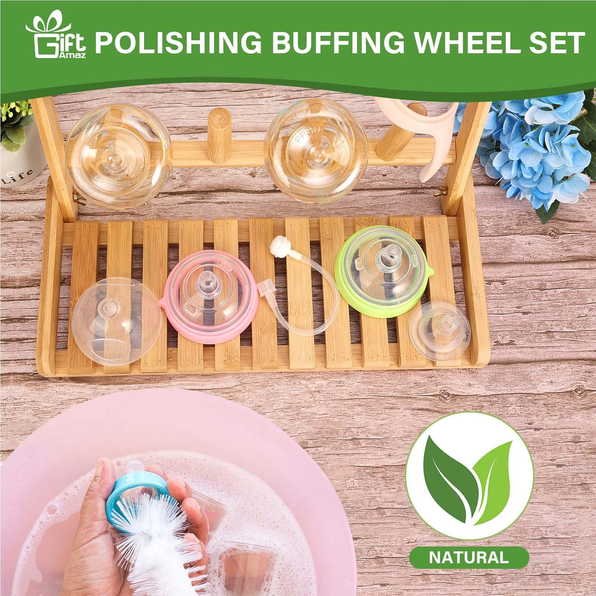 GiftAmaz bamboo bottle organizer holding various baby bottles and pacifiers