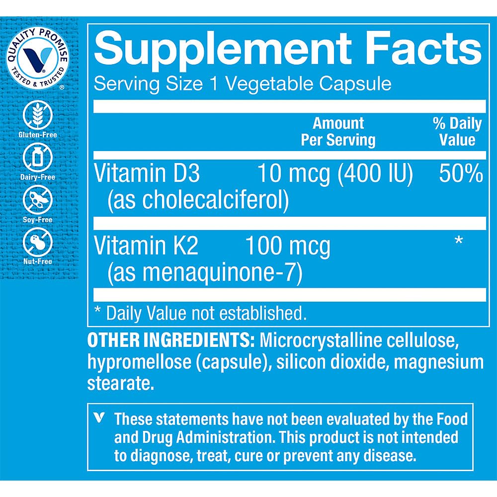 The Vitamin Shoppe Vitamin K2 Menaquinone-7 supplement dietary label details
