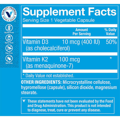 The Vitamin Shoppe Vitamin K2 Menaquinone-7 supplement dietary label details