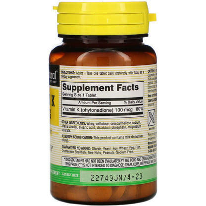 Mason Natural Vitamin K supplement nutritional facts label and adult usage instructions