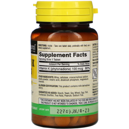 Mason Natural Vitamin K supplement nutritional facts label and adult usage instructions
