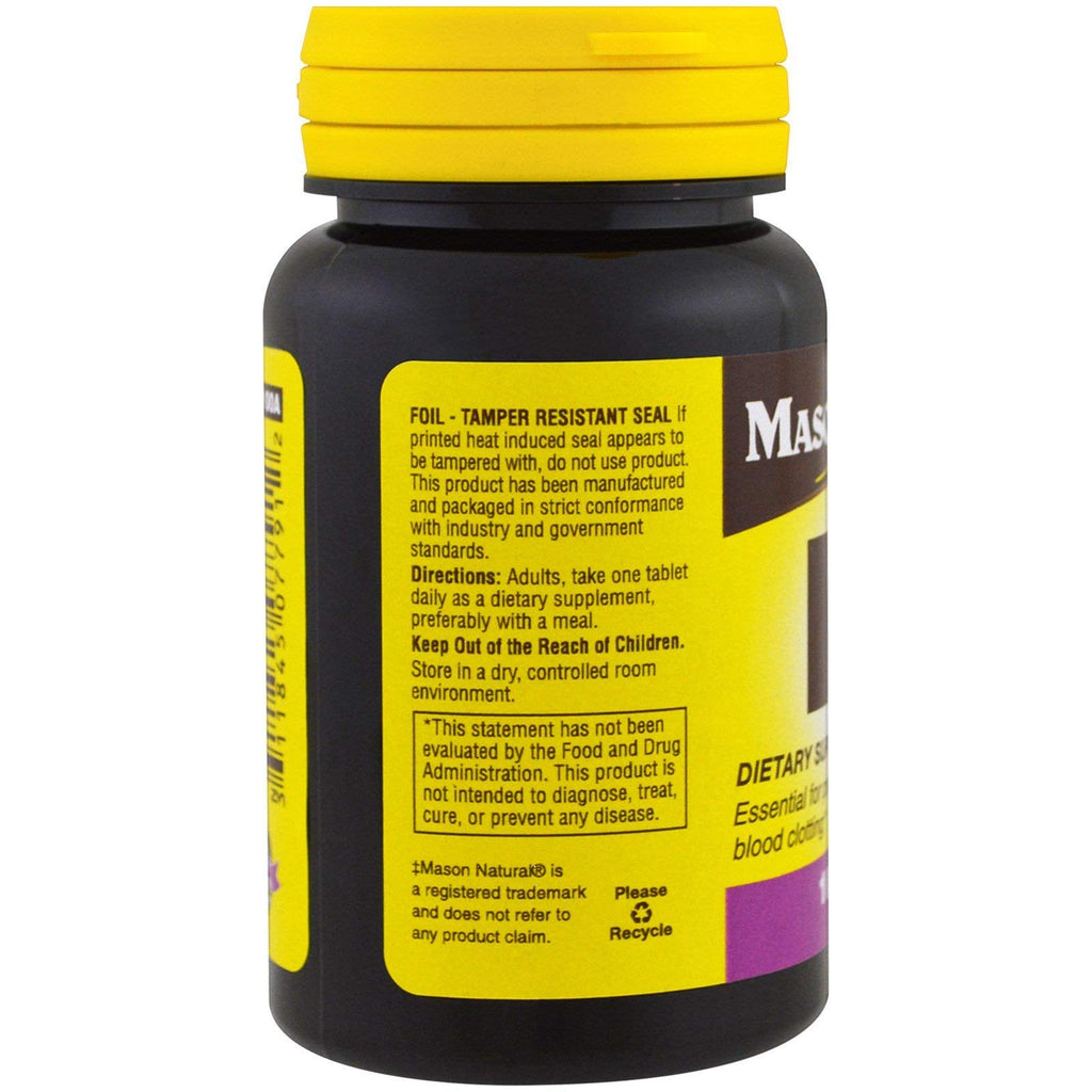 Mason Natural Vitamin K tablets bottle displayed with wellness background