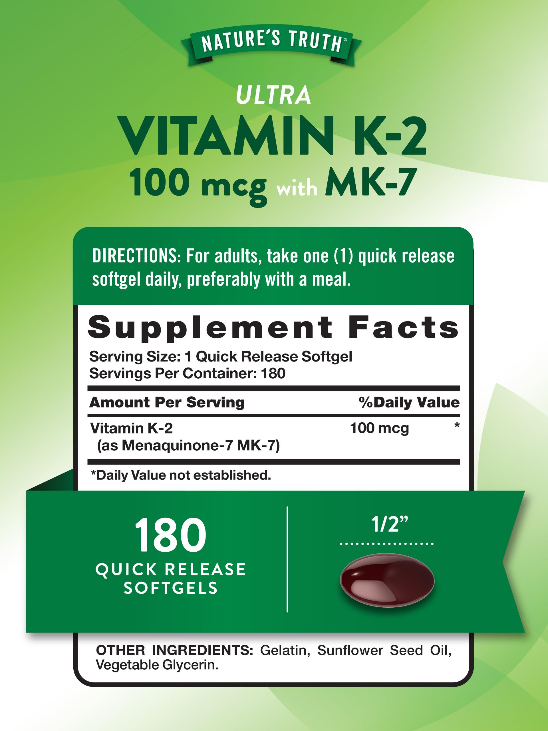 Nature's Truth Ultra Vitamin K2 Menaquinone-7 100 mcg bottle showing supplement facts panel and non-GMO certification label