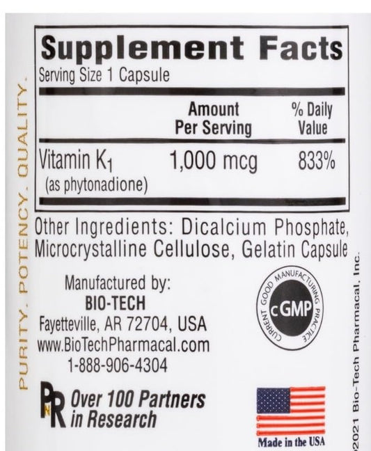 Bio-Tech Pharmacal K1-1000 high potency dietary supplement nutrition label facts