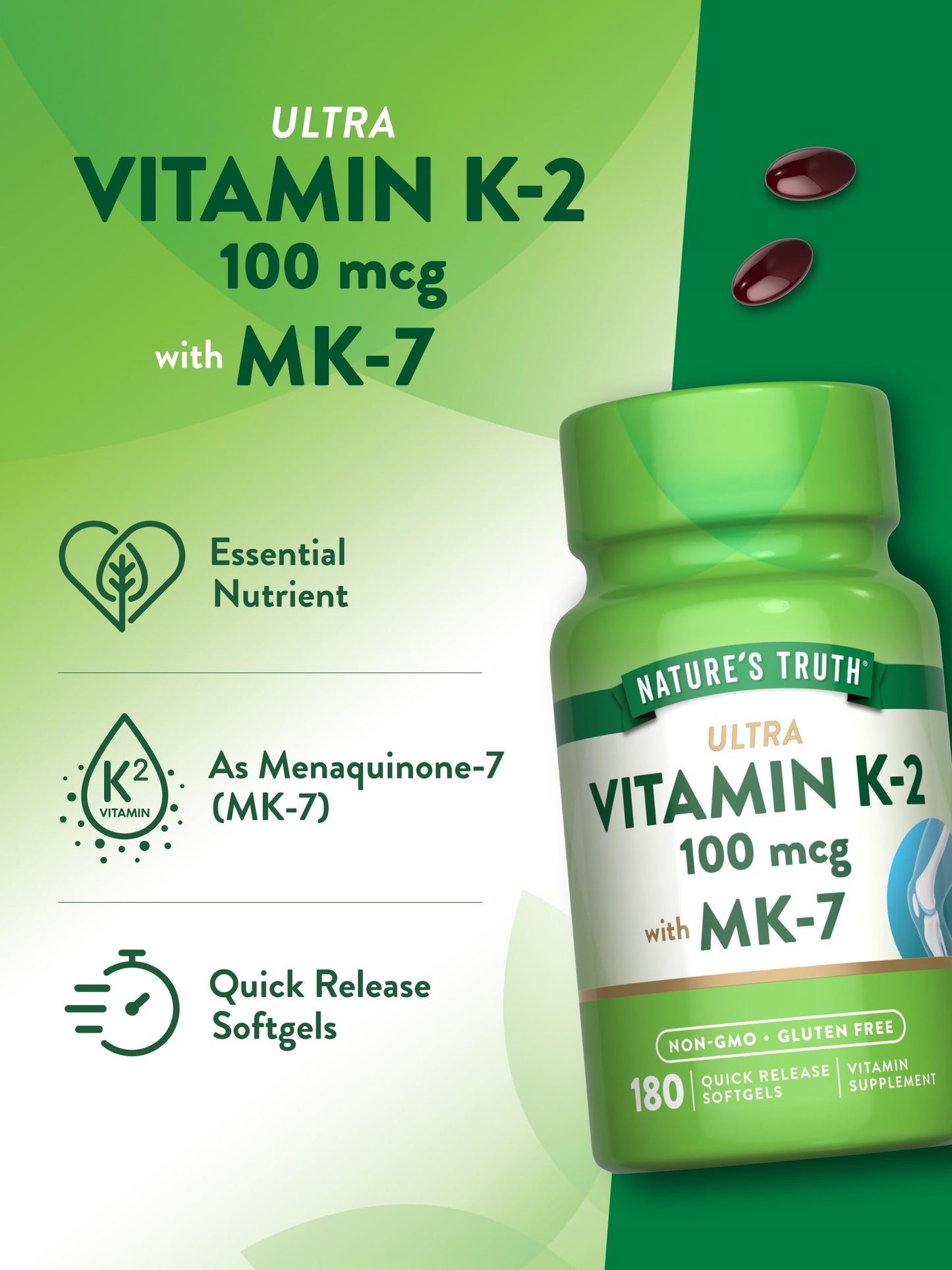 Close-up of rapid-release Vitamin K2 MK7 softgels highlighting the premium quality sunflower seed oil base