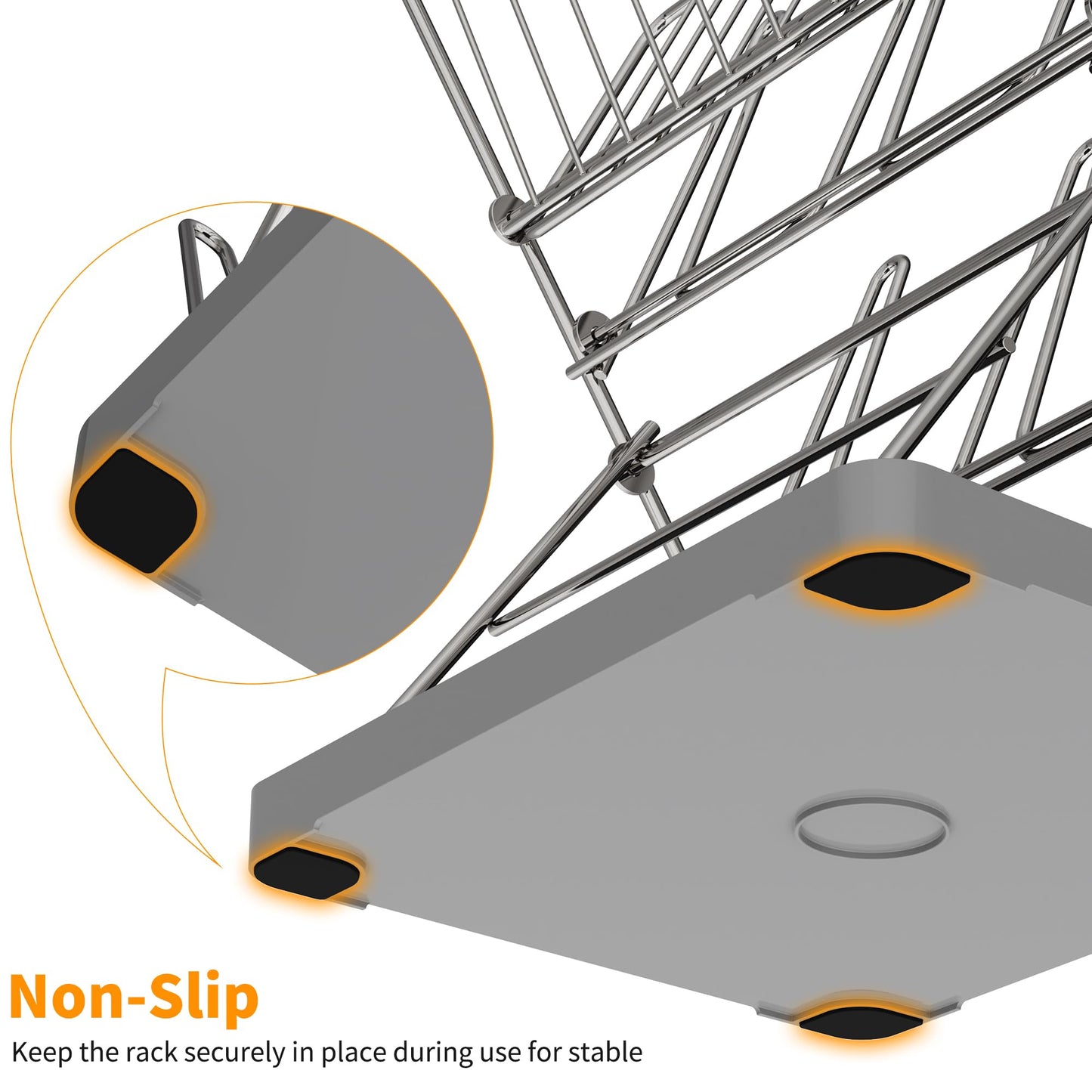 Close up of non-slip feet on the base of the drying rack
