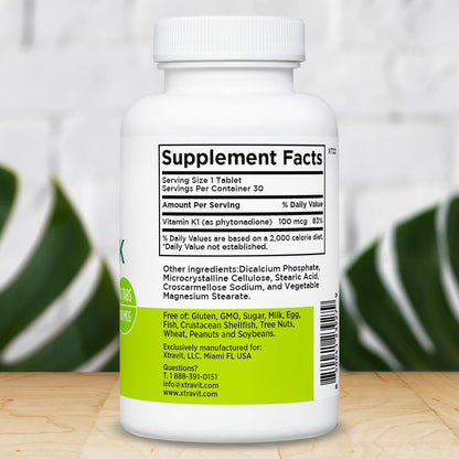 Xtravit Vitamin K dietary supplement label showing ingredient transparency and no fillers