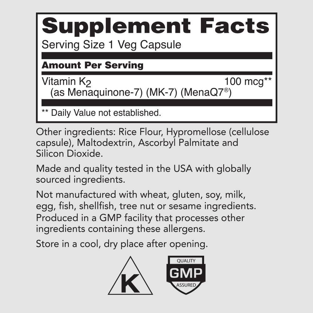 PureFormulas Vitamin K2 MK7 dietary supplement bottle showing high potency facts