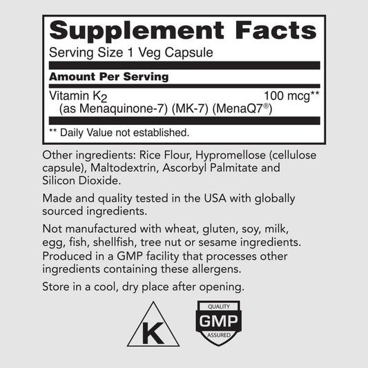 PureFormulas Vitamin K2 MK7 dietary supplement bottle showing high potency facts