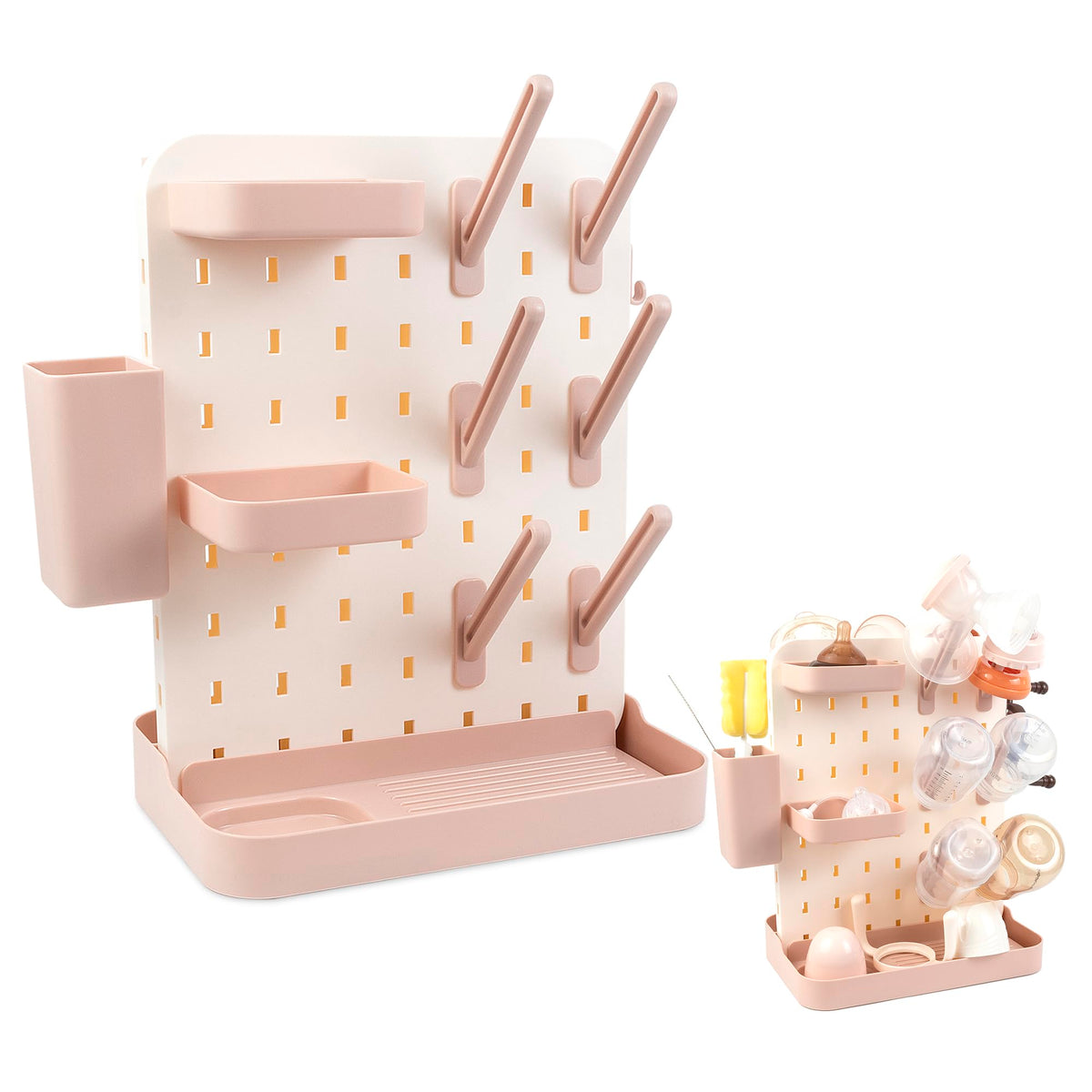 Pink vertical bottle drying rack with brushes holder