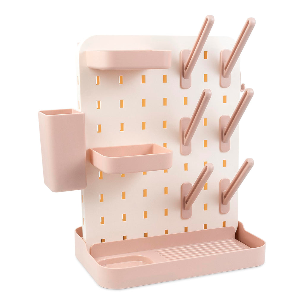 Close up of customizable pegs on baby bottle drying rack
