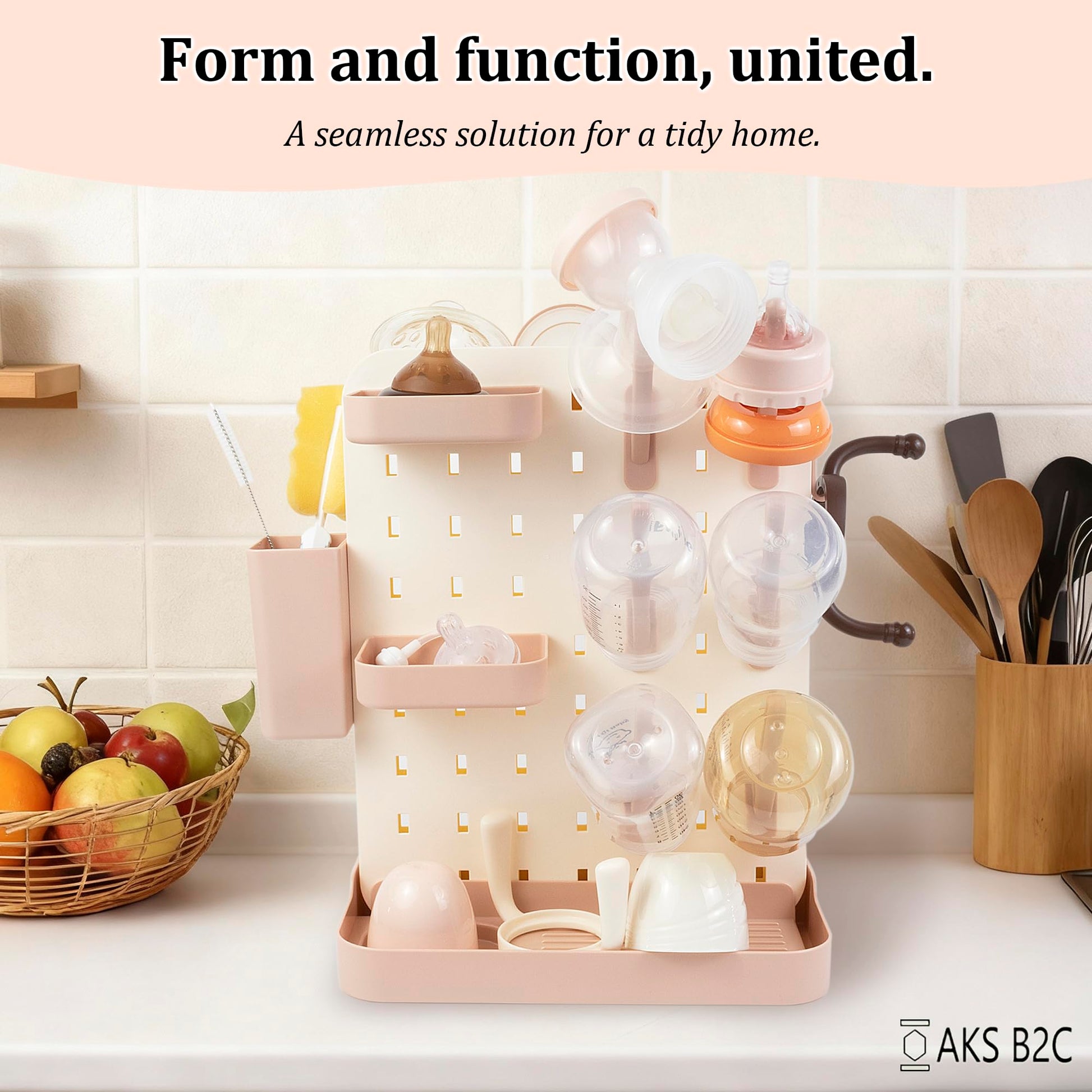 Countertop space saving baby bottle drying rack setup