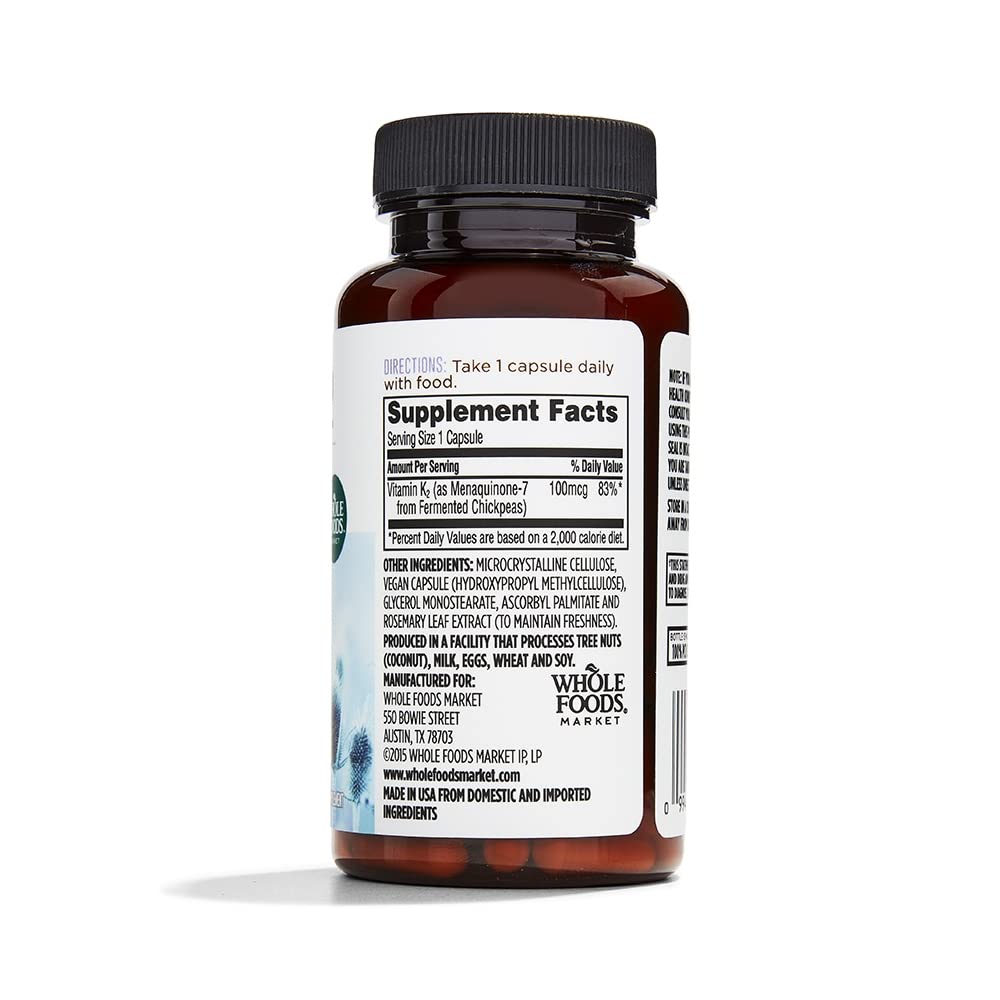 Whole Foods Market Vitamin K2 supplement facts and ingredient label close up
