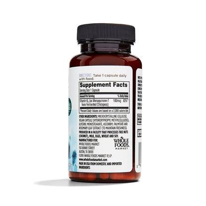 Whole Foods Market Vitamin K2 supplement facts and ingredient label close up