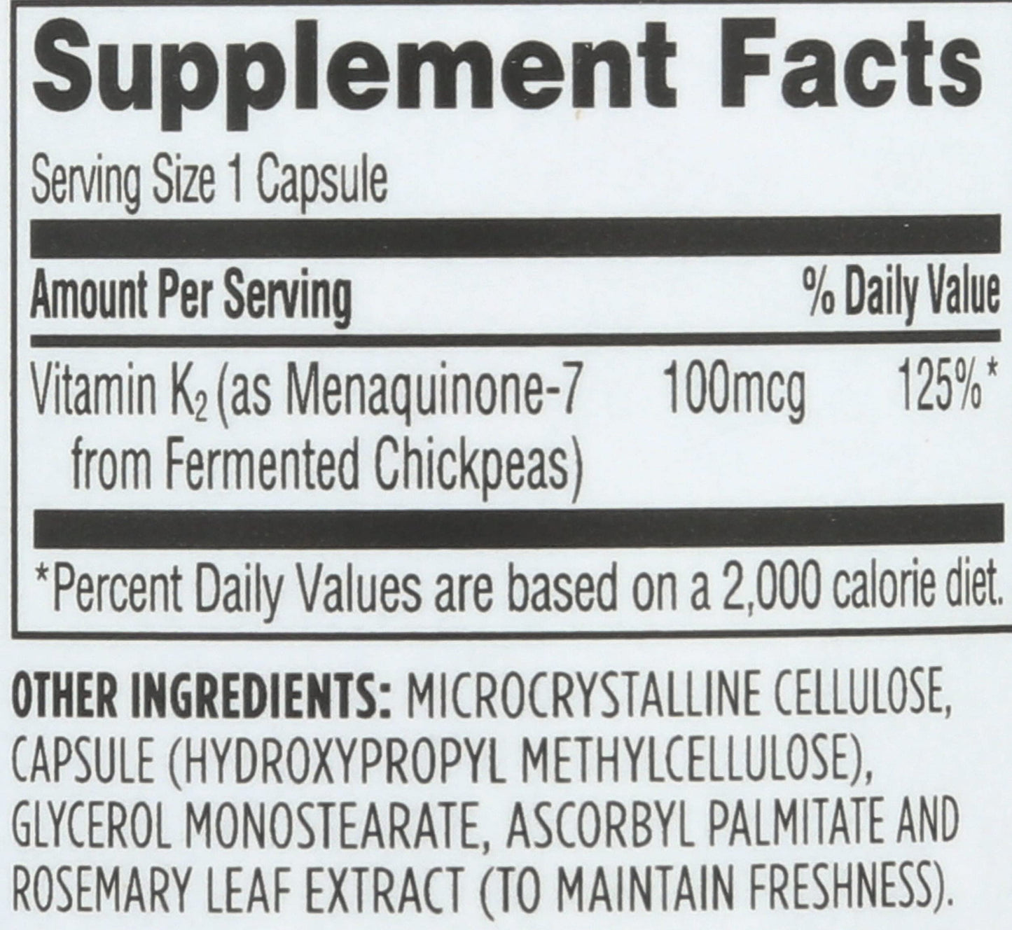 Side angle view of clean label USA imported Whole Foods Market Vitamin K2
