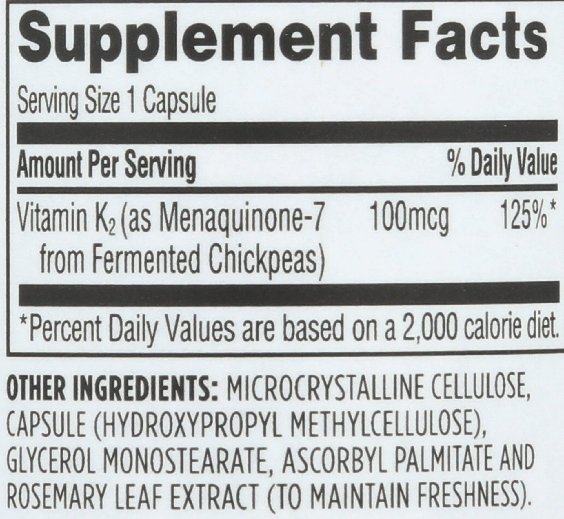 Side angle view of clean label USA imported Whole Foods Market Vitamin K2